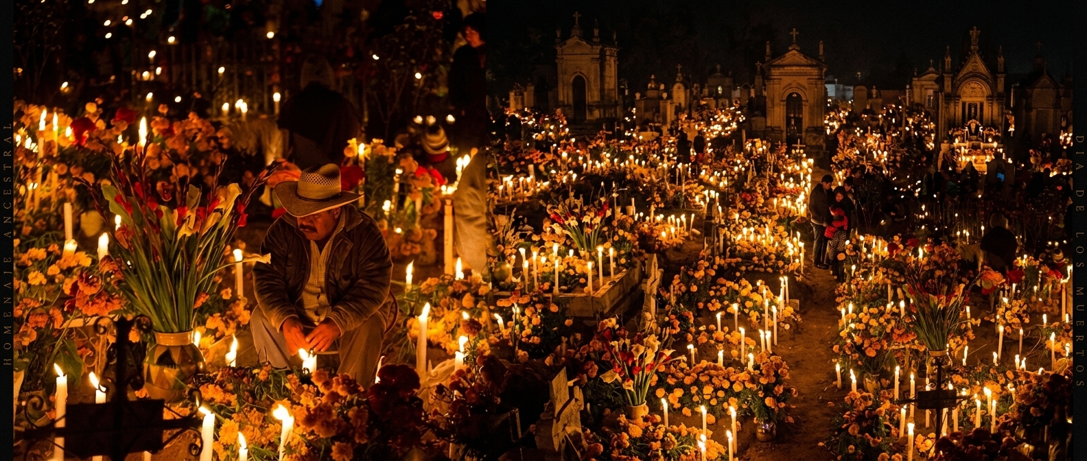 A candlelit cemetery vigil filled with marigolds during Día de Muertos