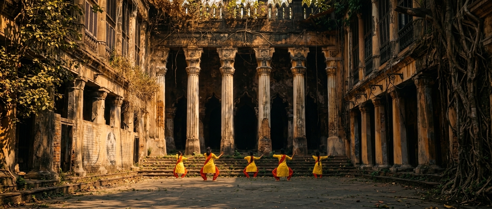 Dancers in golden light in an old colonnaded courtyard