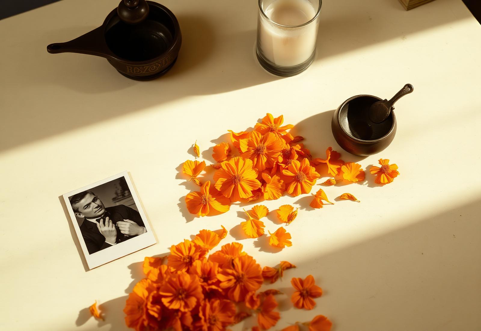 Marigolds and candles arranged on a family altar